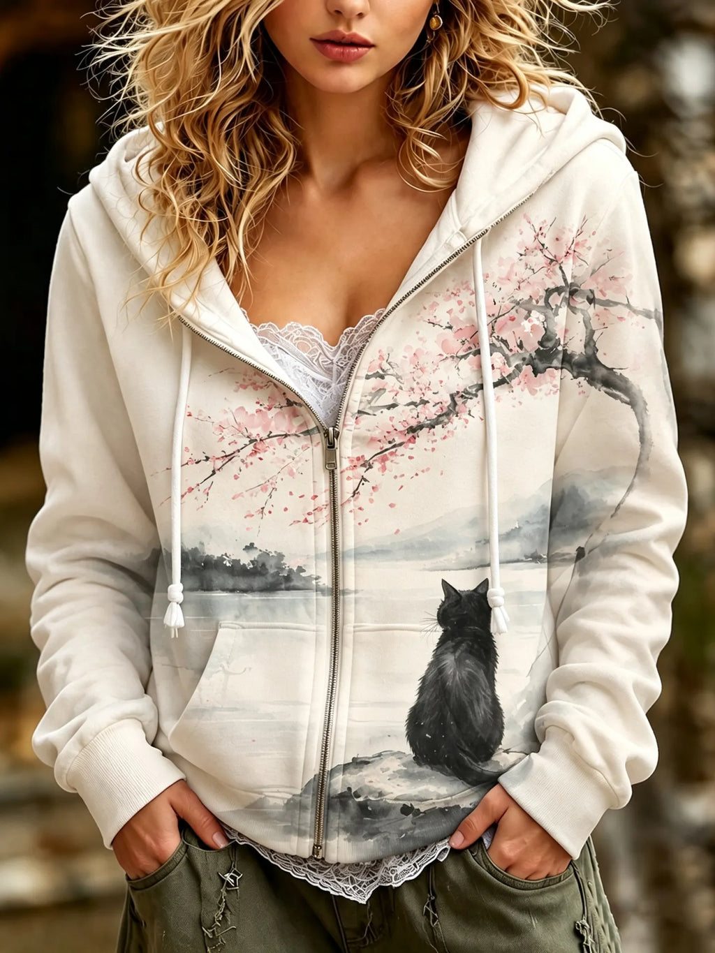Women's Japanese Cat Pattern Art Casual Zip Up Hoodie