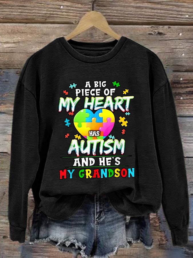 Retro A Big Piece Of My Heart Has Autism And He's My Grandson Print Sweatshirt