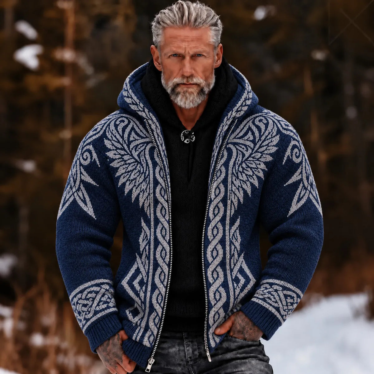 Men's Retro Tribal Viking Pattern Zip-up Cozy Hooded Sweater