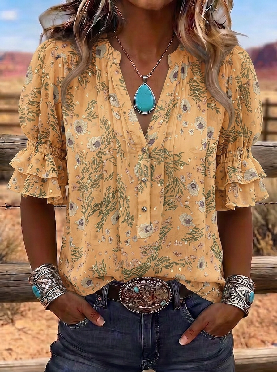 Women's Western Vintage Floral Ruffle Sleeve Printed Top