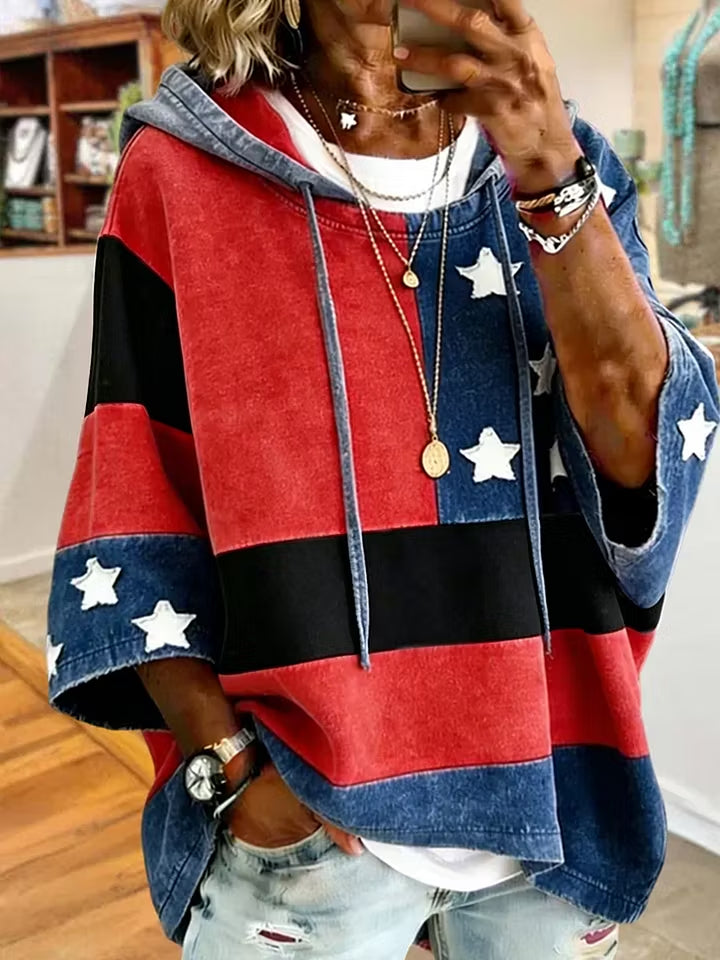 American Flag Star Striped Denim Patchwork Hooded Poncho Sweatshirt