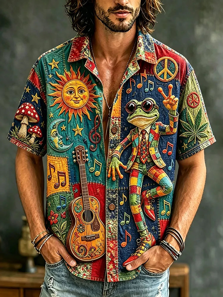 Men's Boho Frog Music Patchwork Psychedelic Peace & Sun Moon Art Print Casual Shirt