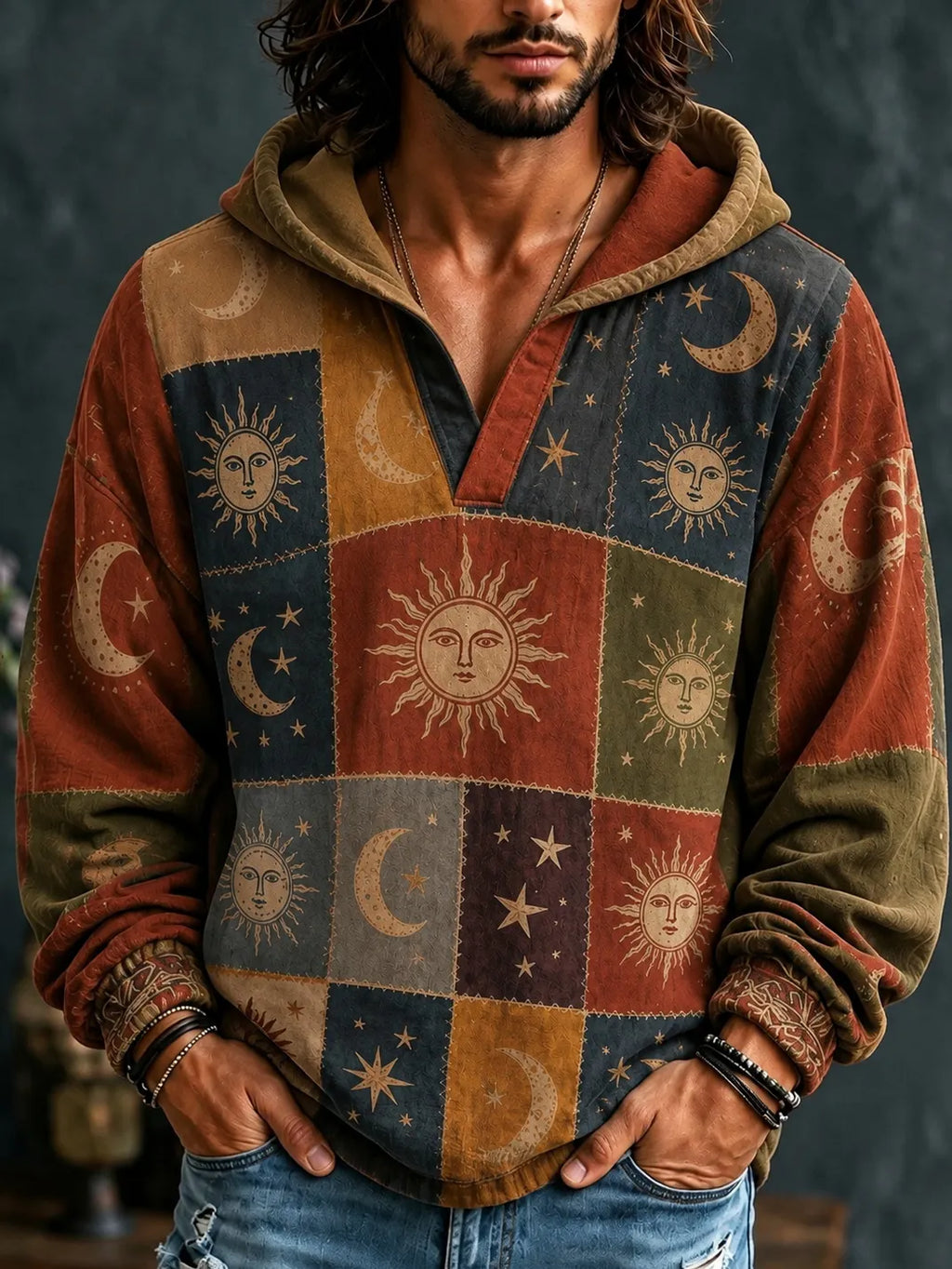 Men's Hippie Celestial Sun Moon Star Grid Print V-neck Hoodie