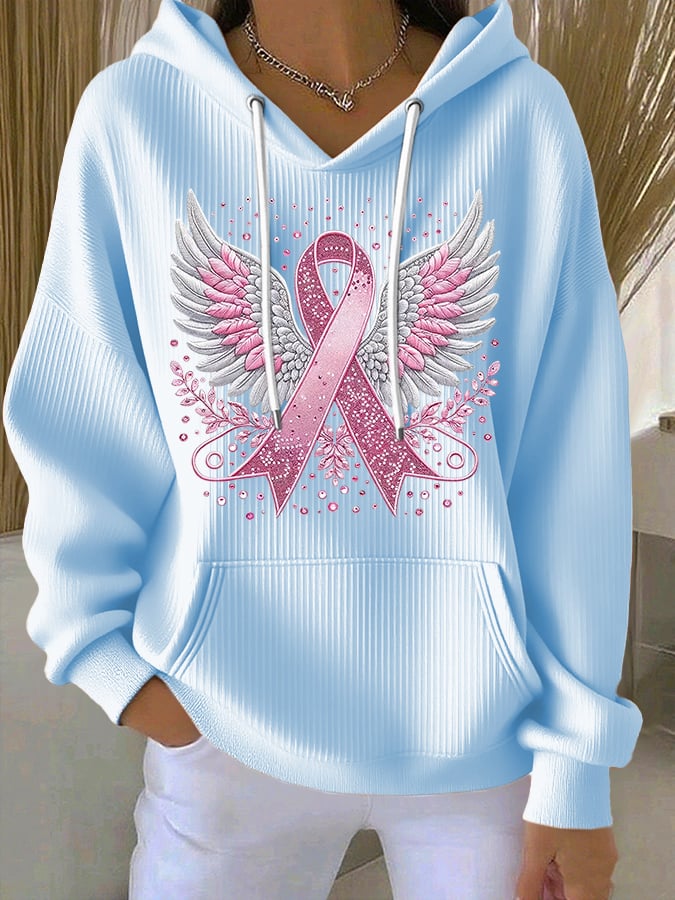 Women's Casual Pink Contrast Ribbon Wings Ribbon Hoodie