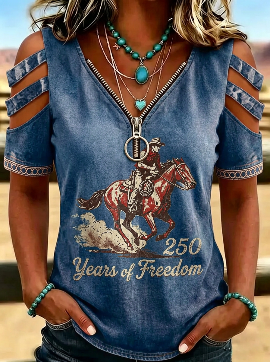 Women's Western Independence Day Cowboy Horse Printed T-shirt