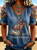 Women's Western Independence Day Cowboy Horse Printed T-shirt