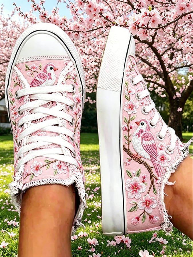 Women's Breast Cancer Flowers and Birds Print Flat Canvas Shoes