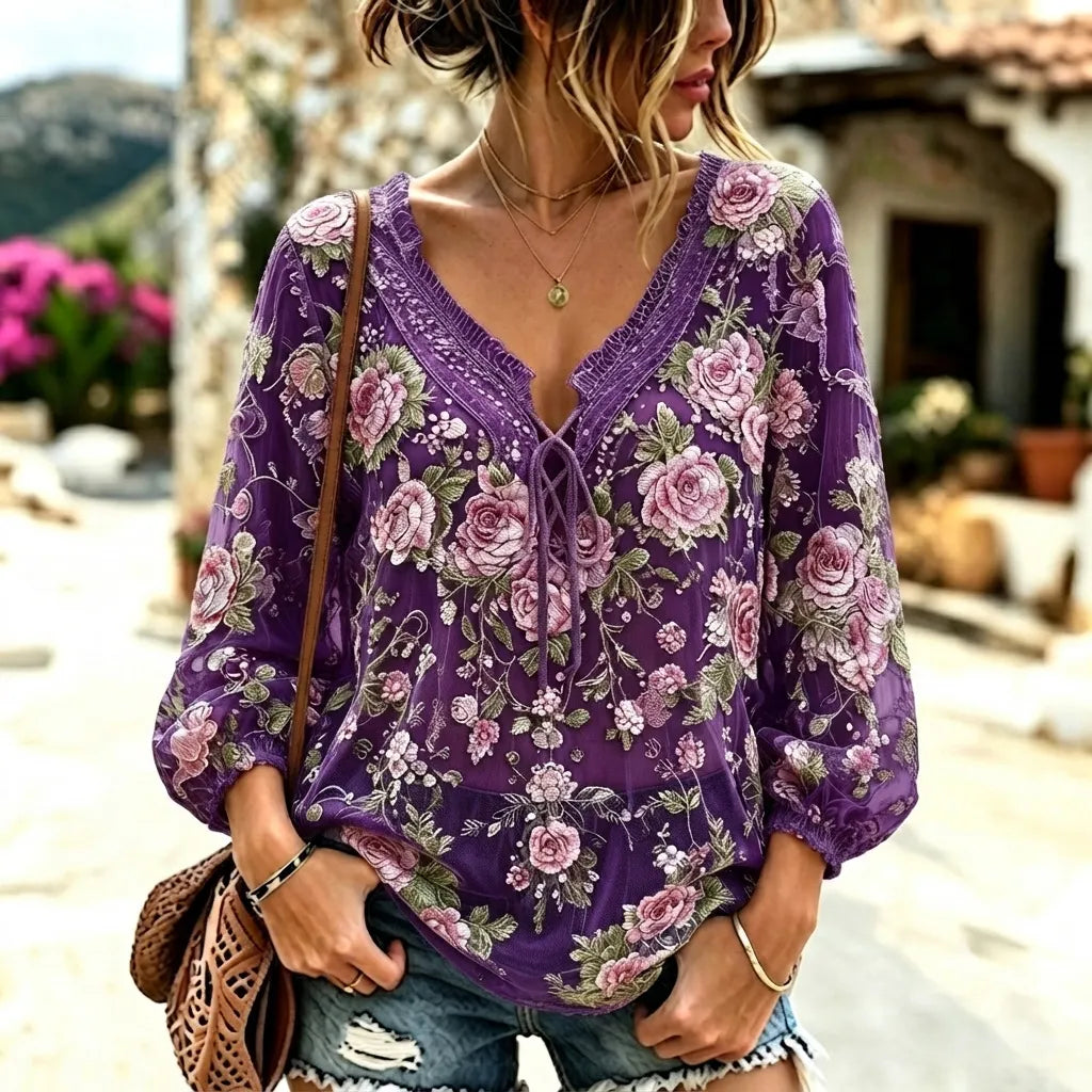 Women's Vintage Purple Floral Art Lace Up Linen Blend Blouse