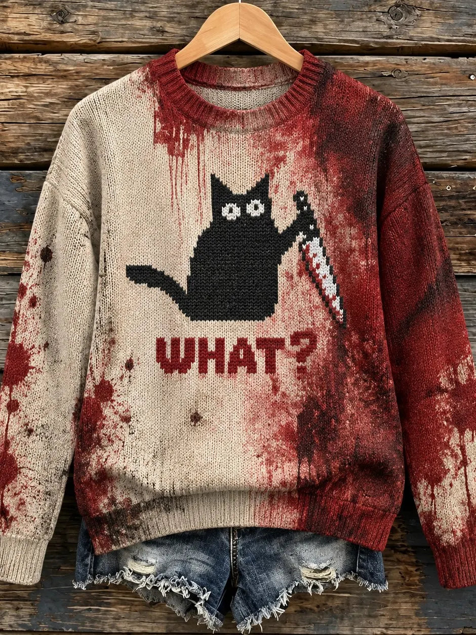 Women's Retro Cat And Bloodstain Print Sweater