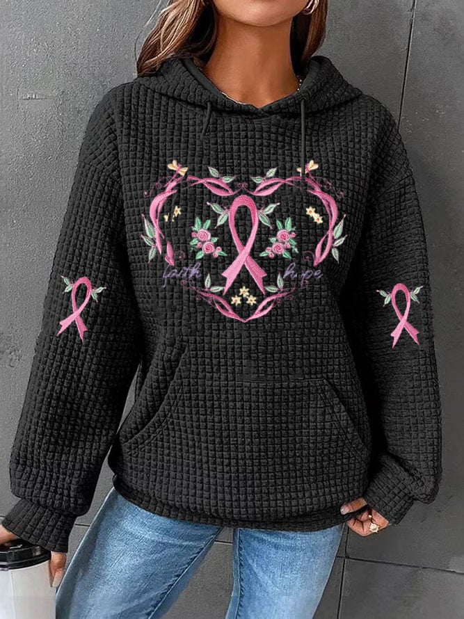 Women's Breast Cancer Pink Flower Print Casual Sweet Hooded Sweatshirt