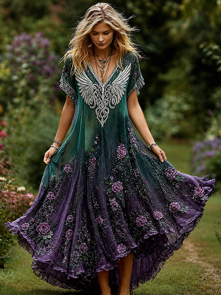 Women's Viking Celtic Knot Wings And Purple Floral Gradient Short-sleeve Dress