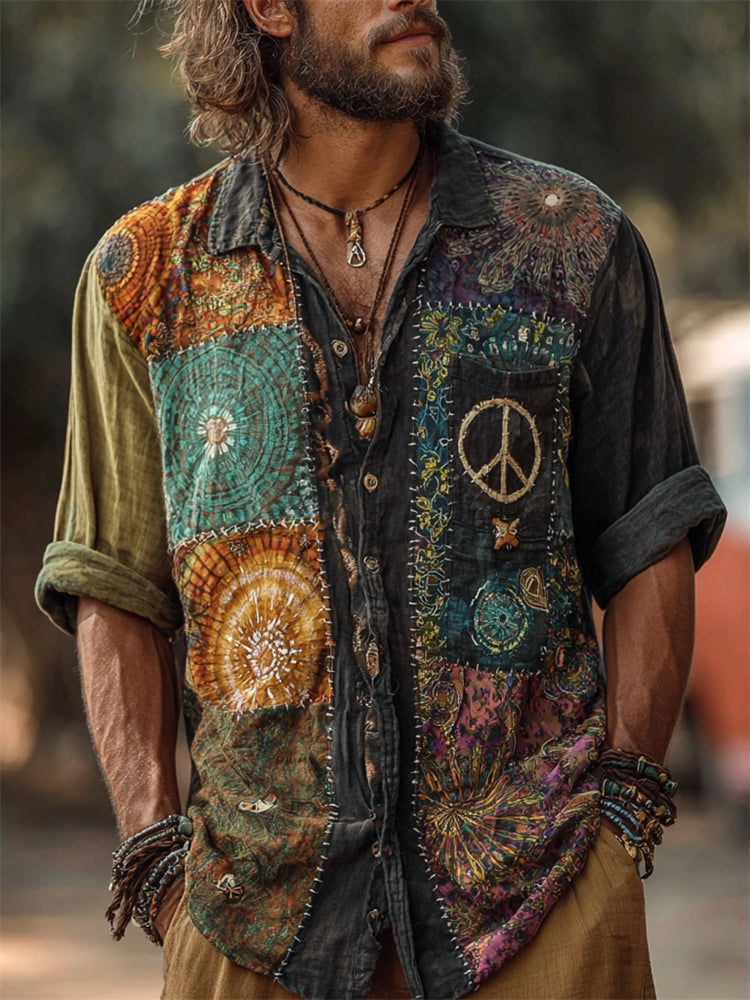 Men's Hippie Peace Sign Tie Dye Patchwork Linen Shirt