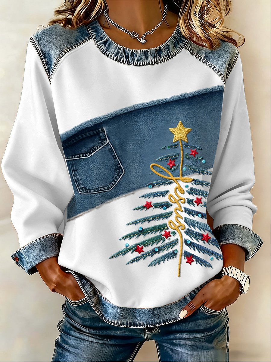 Women's Casual Retro Faith Christmas Tree Sweatshirt