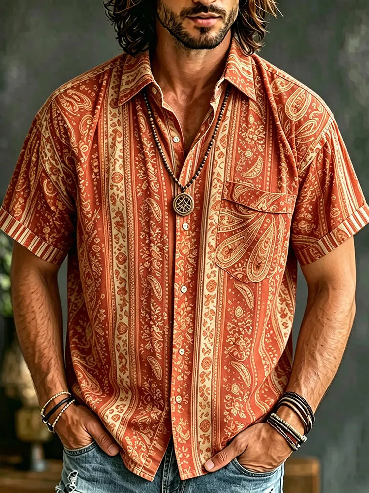 Men's Retro Paisley Striped Short Sleeve Linen Shirt, Boho Vintage Button Down Pocket Shirts