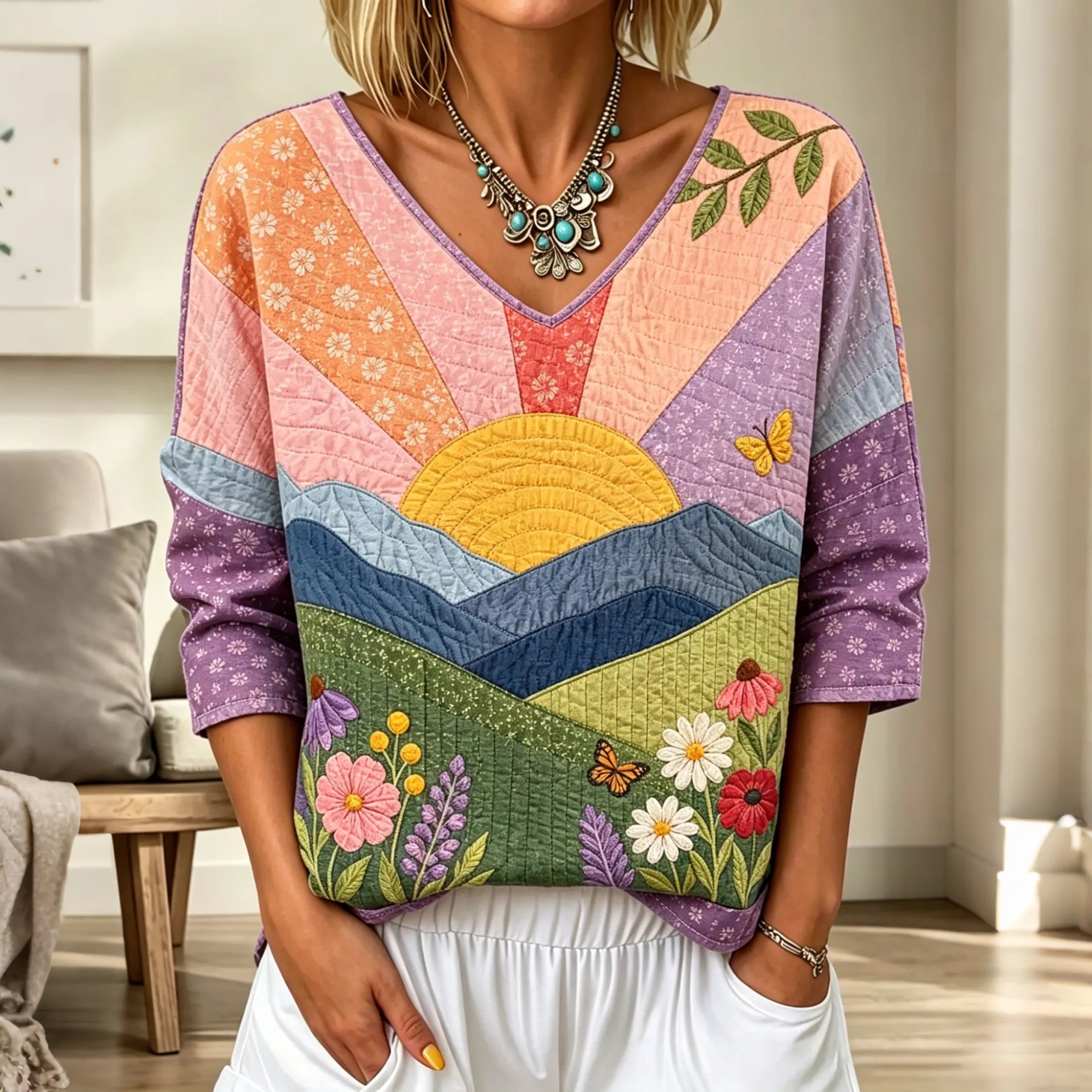 Women's Vintage Floral In Sunshine Art Print Flowy Linen Blend  Three-quarter Sleeve V Neck Linen Tops