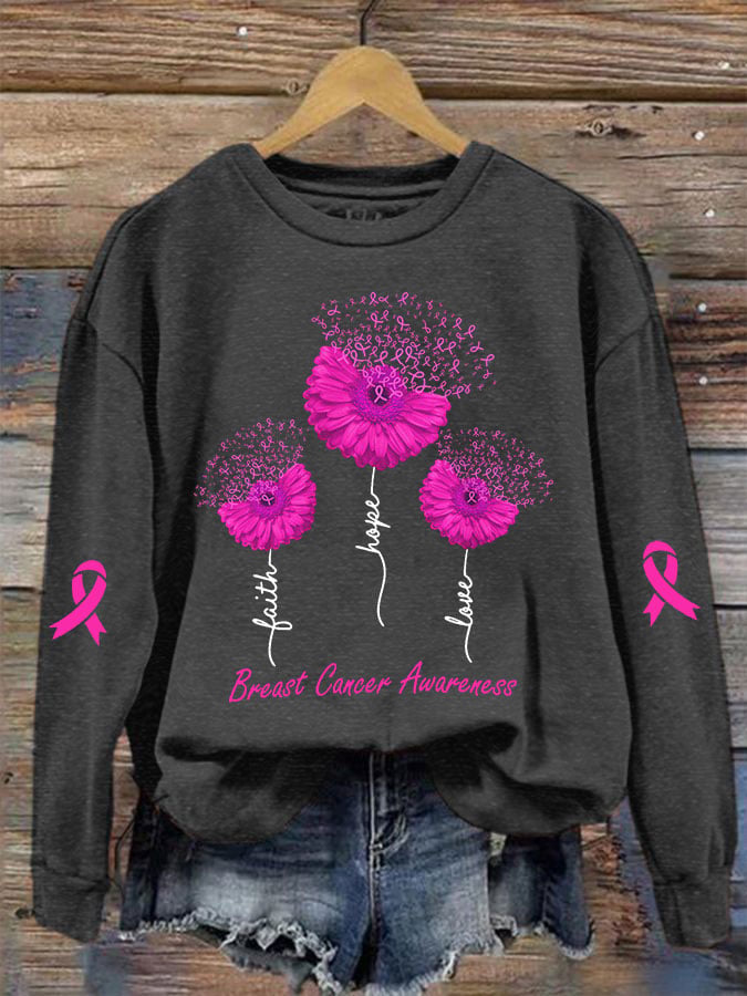 Women's Faith Hope Love Breast Cancer Awareness Daisy Print Crew Neck Sweatshirt