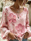 Women's Pink Casual Top with Oil-Painting-Style Floral Print