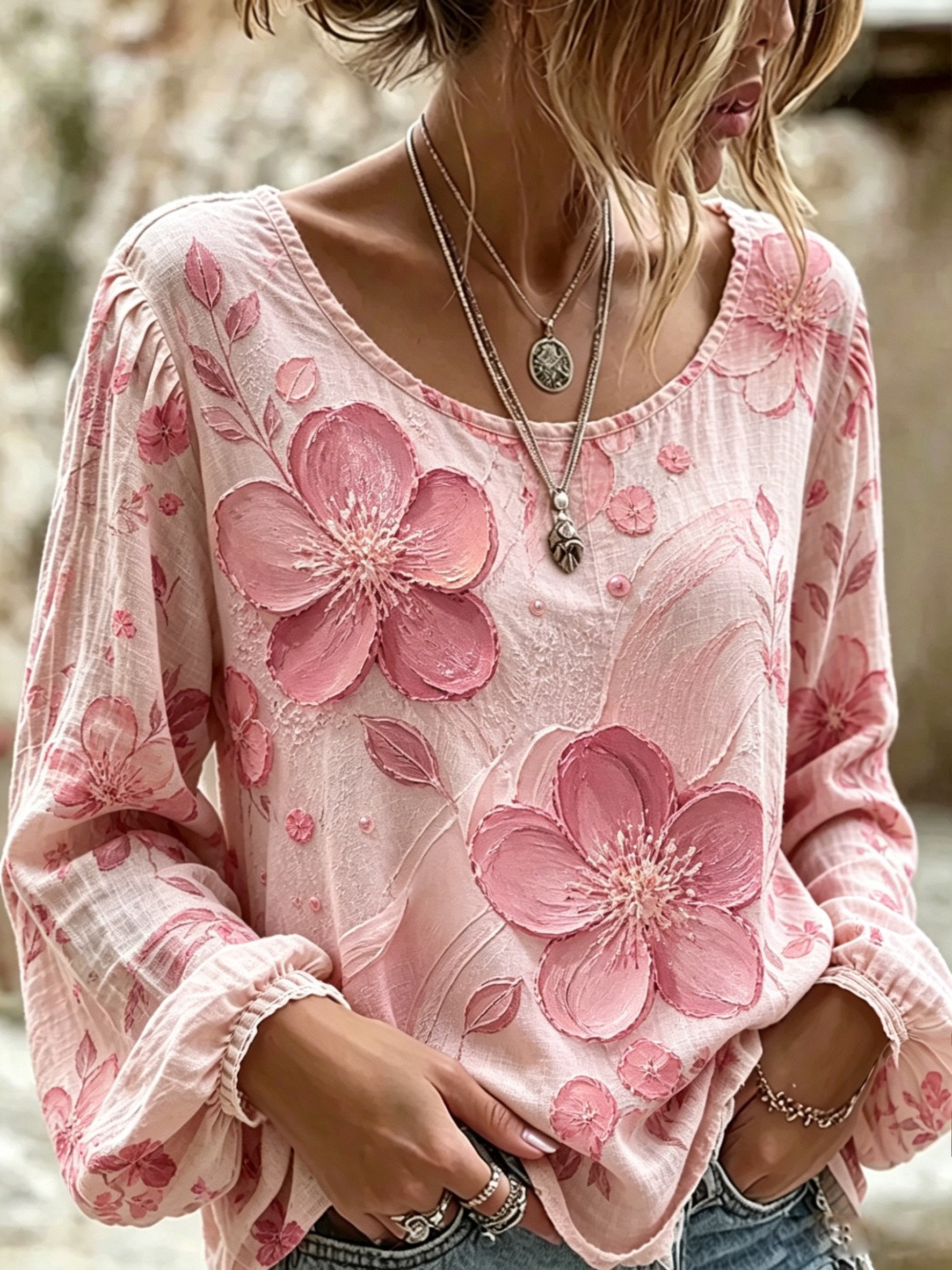 Women's Pink Casual Top with Oil-Painting-Style Floral Print