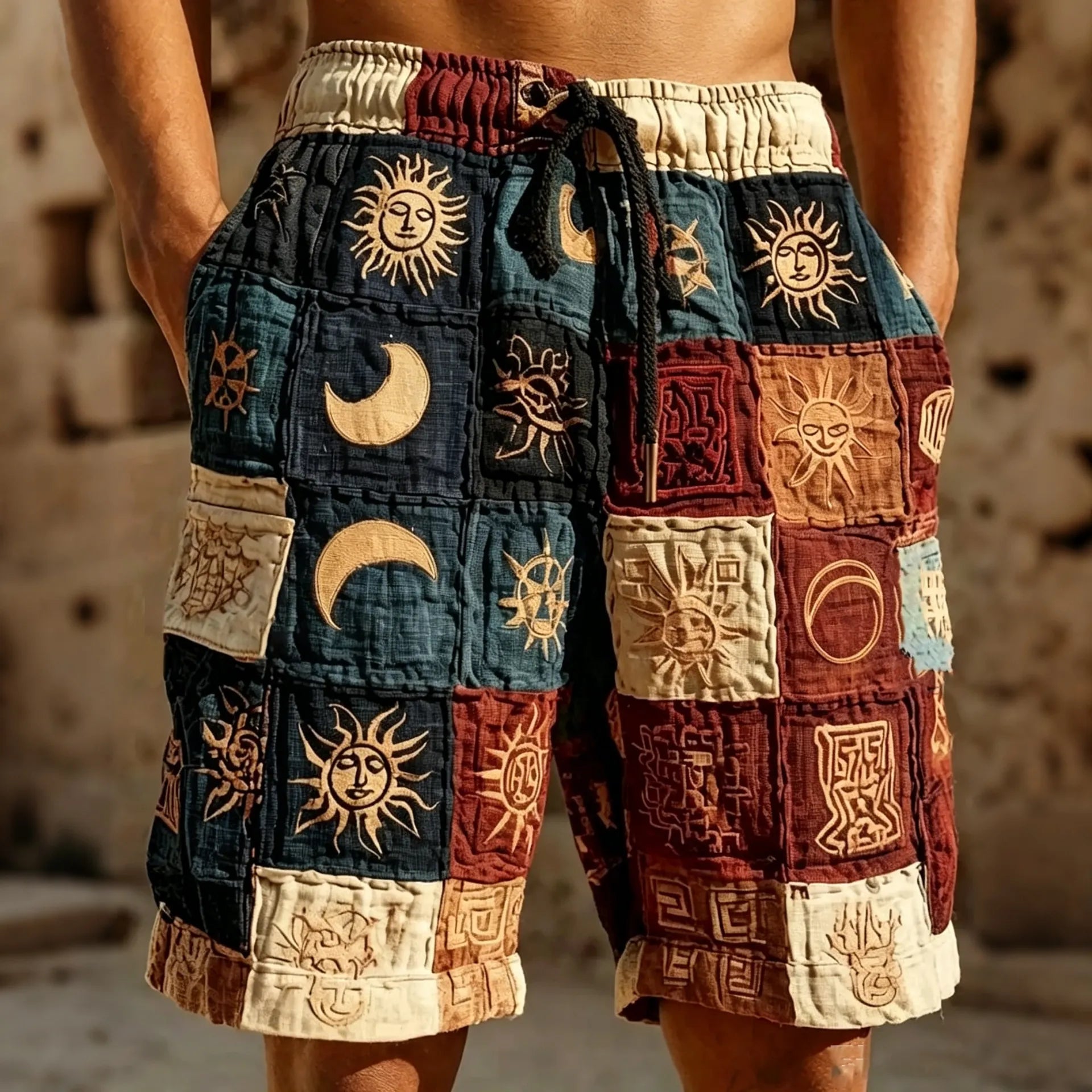 Men's Hippie Star And Moon Patchwork Art Print Shorts