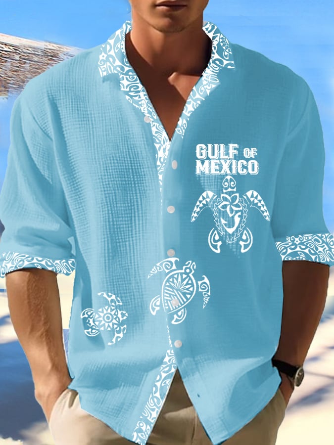 Men's Gulf Of Mexico Turtle Print Vacation Waffle Shirt