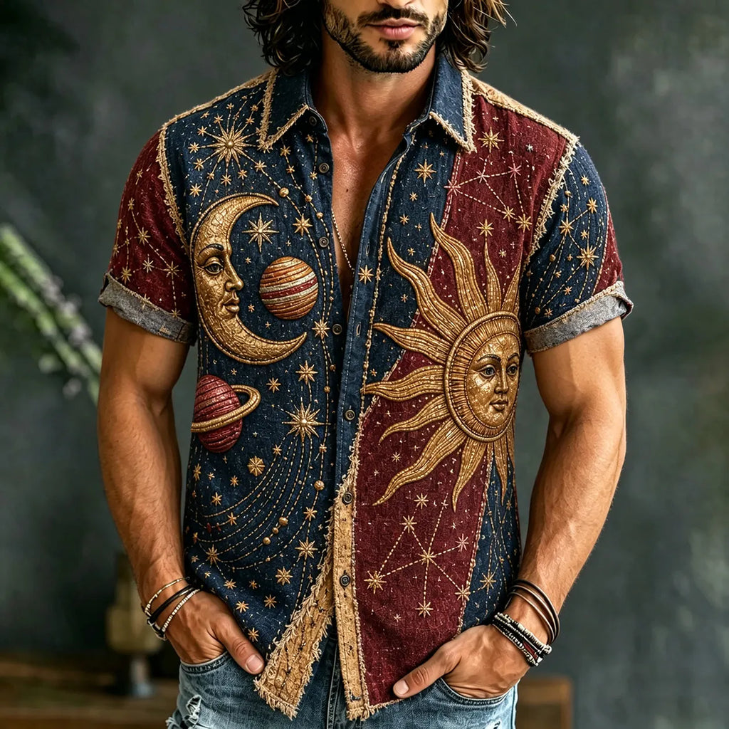Men's Hippie Mysterious Space Sun Moon And Planets Print Casual Shirt
