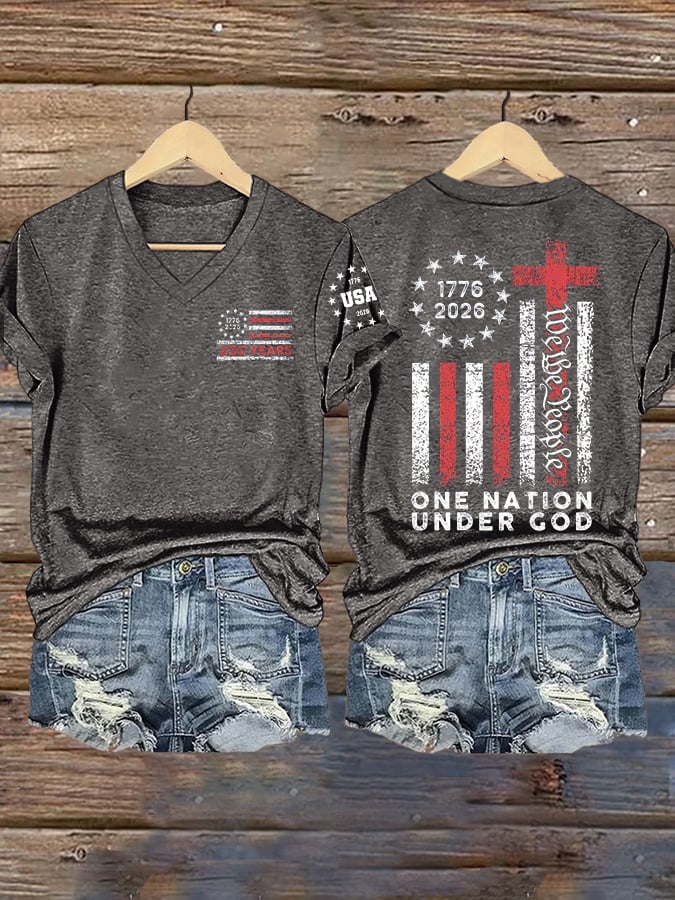 Women's Vintage USA 250th Anniversary One Nation Under God Print Casual T-shirt