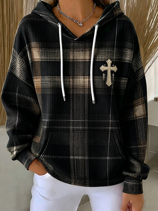 Women's Retro Plaid Three Cross Drawstring Hoodie