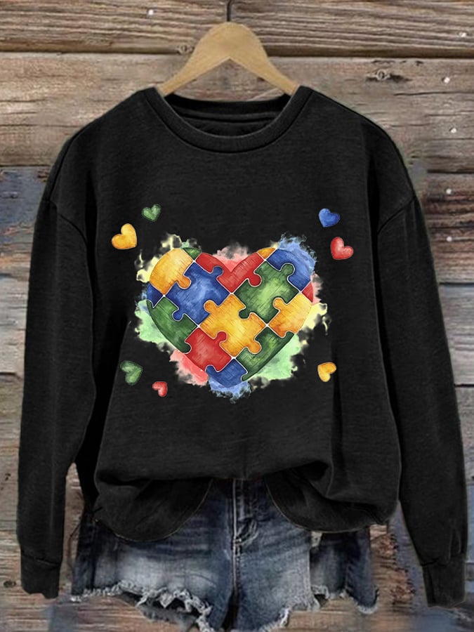 Retro Autism Awareness Love Heart Puzzle Print Sweatshirt