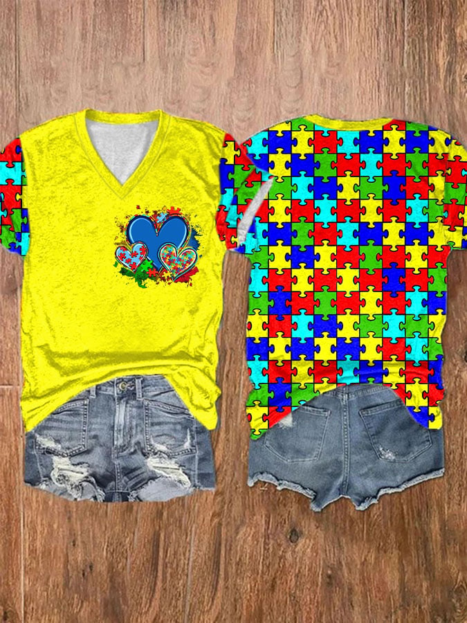 Women'S Autism Printed V-Neck Short Sleeve T-Shirt