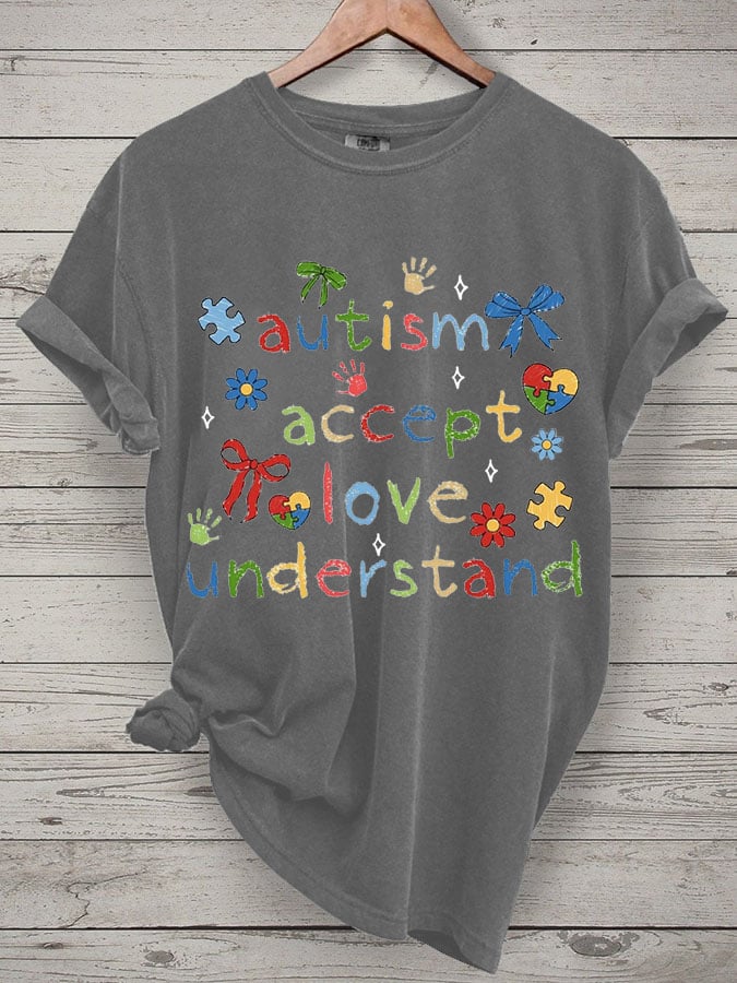 Women's Accept Love Understand Autism Awareness Printed Short-Sleeved T-Shirt