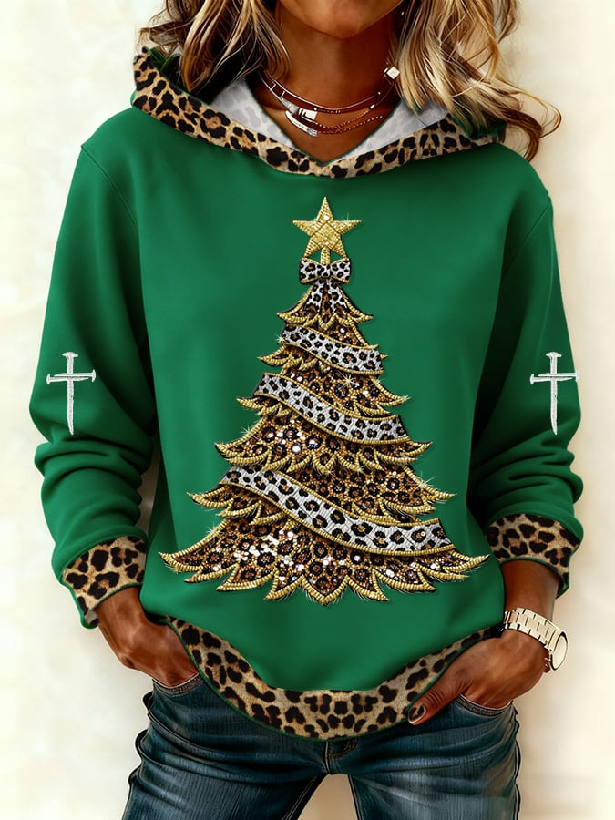 Women's Casual Leopard Print Christmas Tree Hoodie