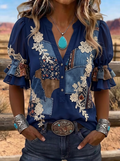 Women's Western Vintage Floral Patchwork Printed Top