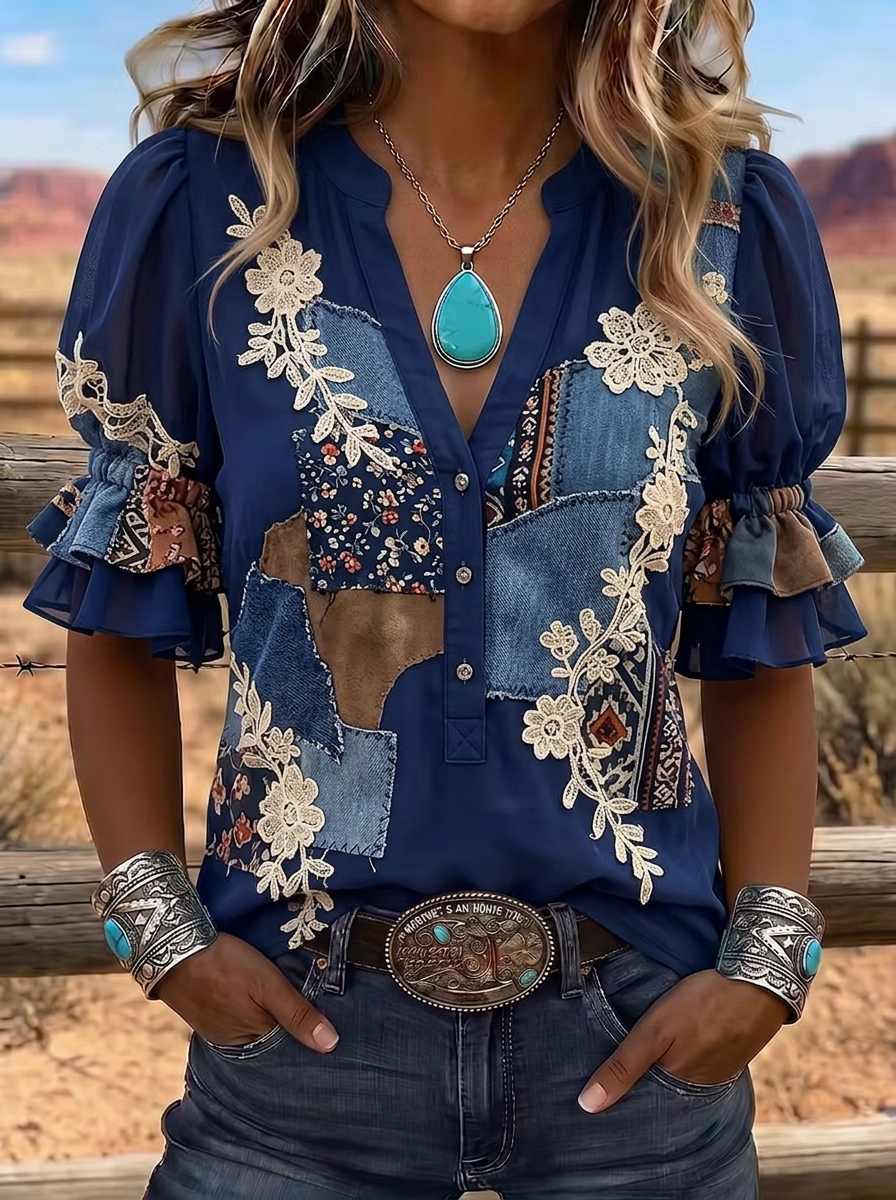 Women's Western Vintage Floral Patchwork Printed Top