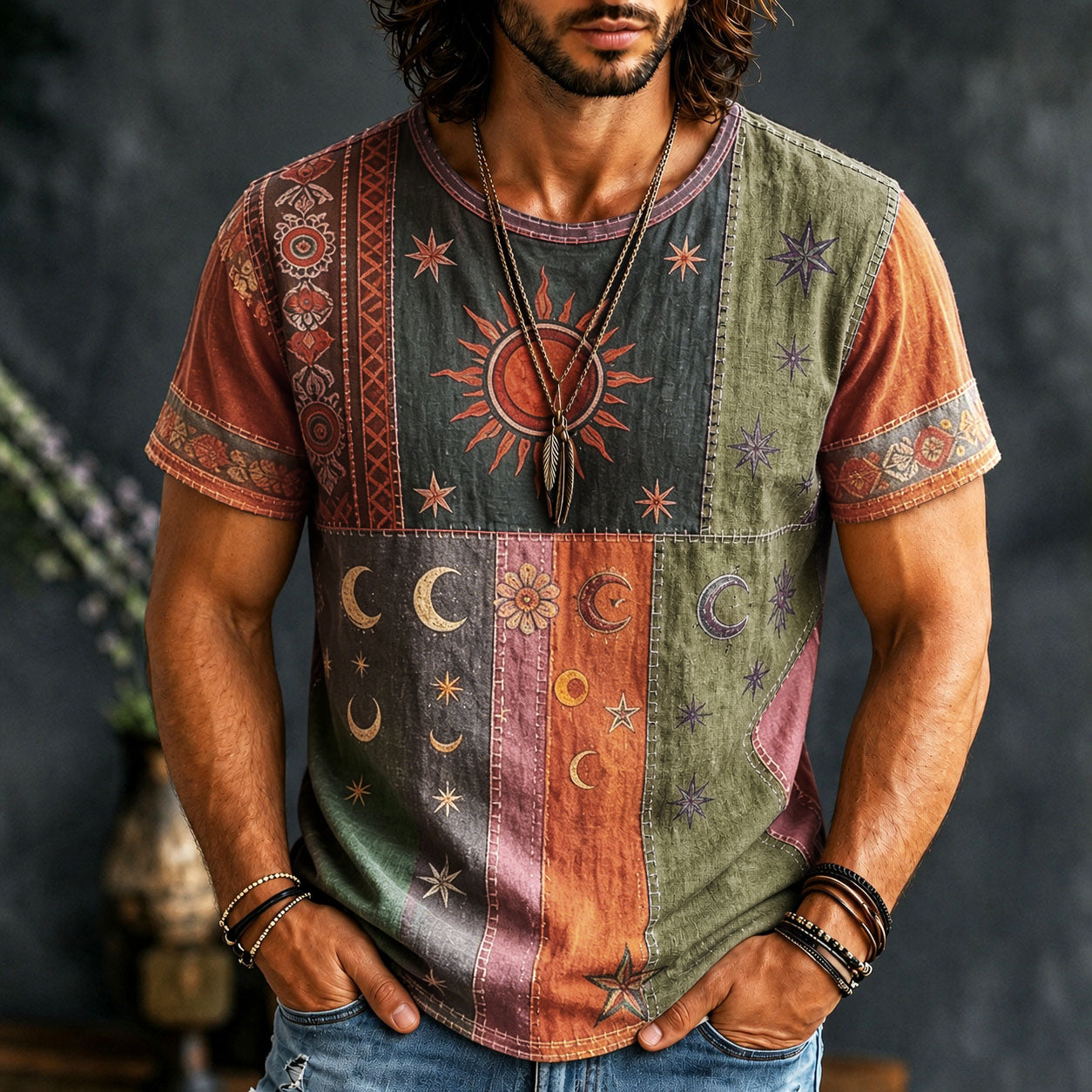 Men's Hippie Sun And Moon Element Patchwork Art Print T-shirt