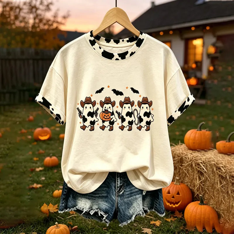 Women's Halloween Short-sleeve Top With Four Cow-print Ghost Fun Pattern