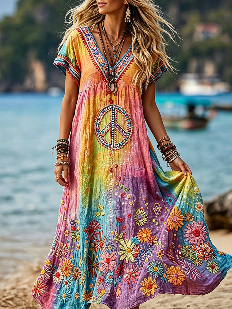 Women's Retro Hippie Peace Floral Embroidery Art V Neck Short Sleeve Linen Blend Maxi Dress