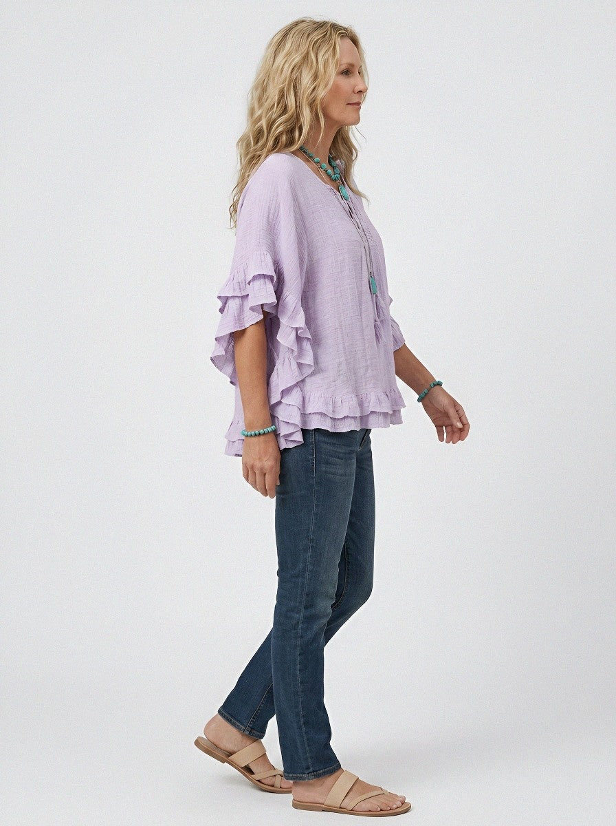 Women's Western Vintage Lace Ruffle Trim Printed Top