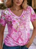 Women's Breast Cancer Awareness Floral Art V-Neck Short-Sleeve T-Shirt