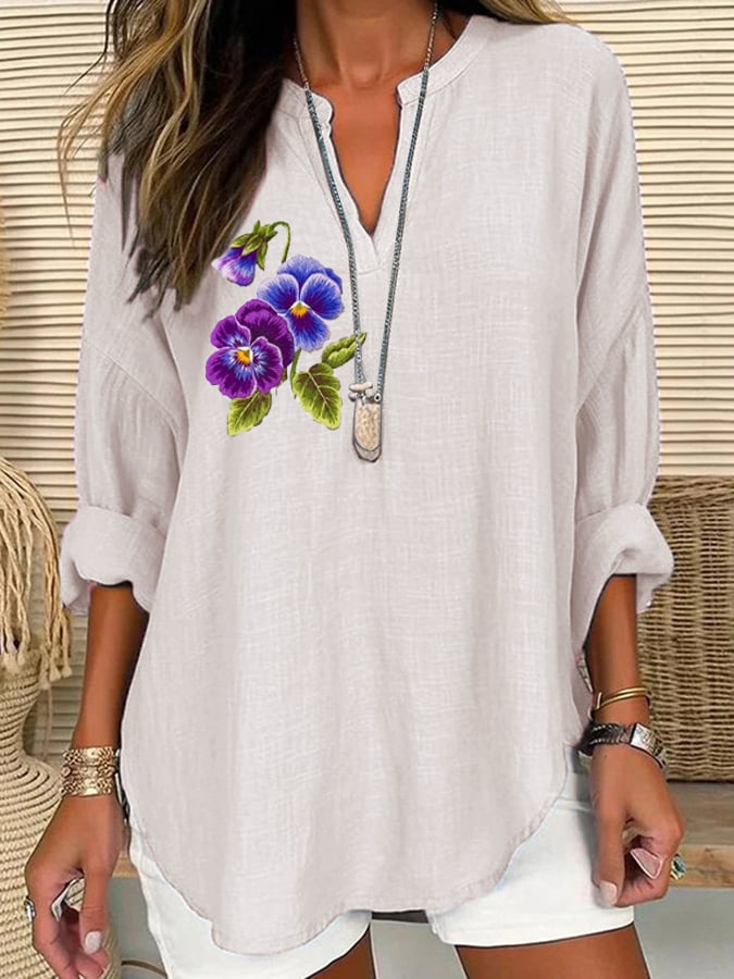 Women's Purple Floral Loose Long Sleeve Crew Neck Top