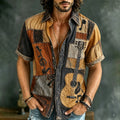 Men's Retro Hippie Sign And Guitar Patchwork Pattern Short-sleeve Cotton Linen Shirt