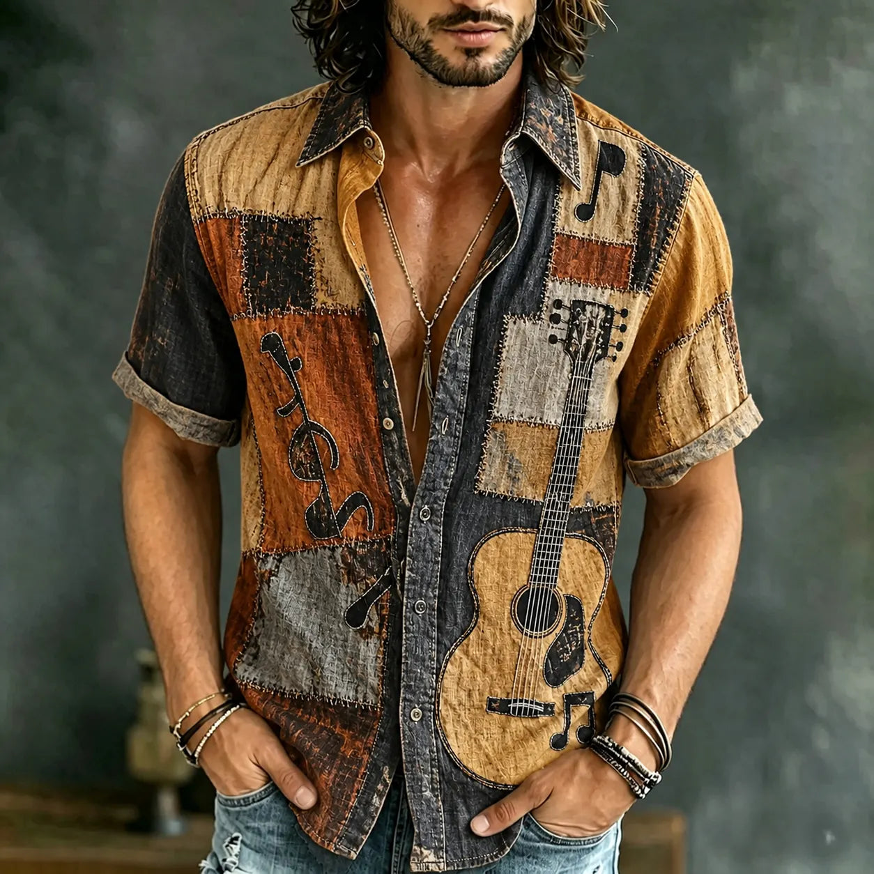 Men's Retro Hippie Sign And Guitar Patchwork Pattern Short-sleeve Cotton Linen Shirt