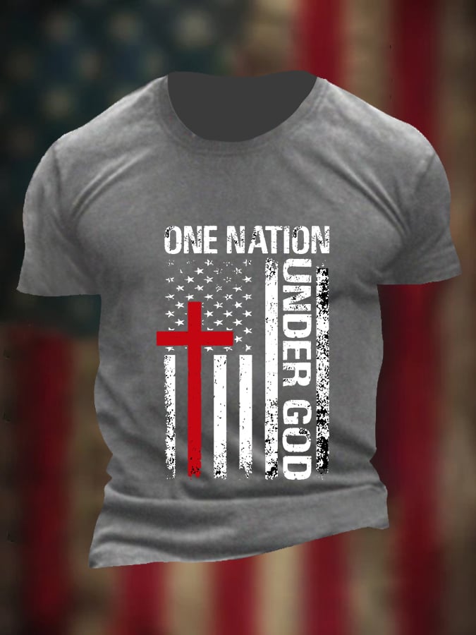 Men's American By Birth Christian By The Grace Of God Independence Day American Flag Cross Casual Tee