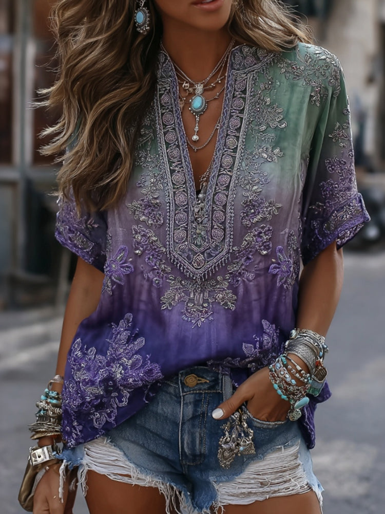 Women's Vintage Purple Floral Embroidered Pattern Gradient Art V Neck T-shirt