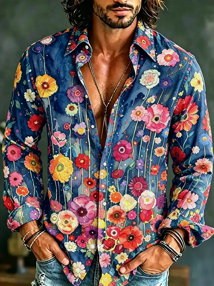 Men's Vintage Hippie Floral Art Print Long Sleeves Linen Shirt