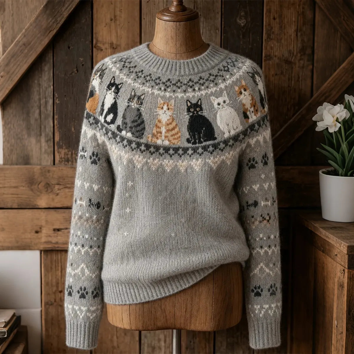 Women's Vintage Cats Art Jacquard Knit Cozy Crew Neck Sweater