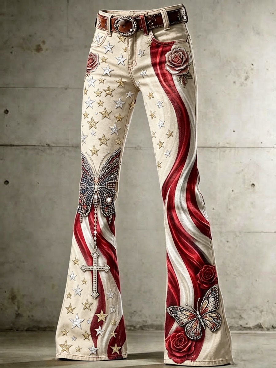 Women's High-Waisted Jeans with Cross, Flag, Butterfly, and Floral Patterns