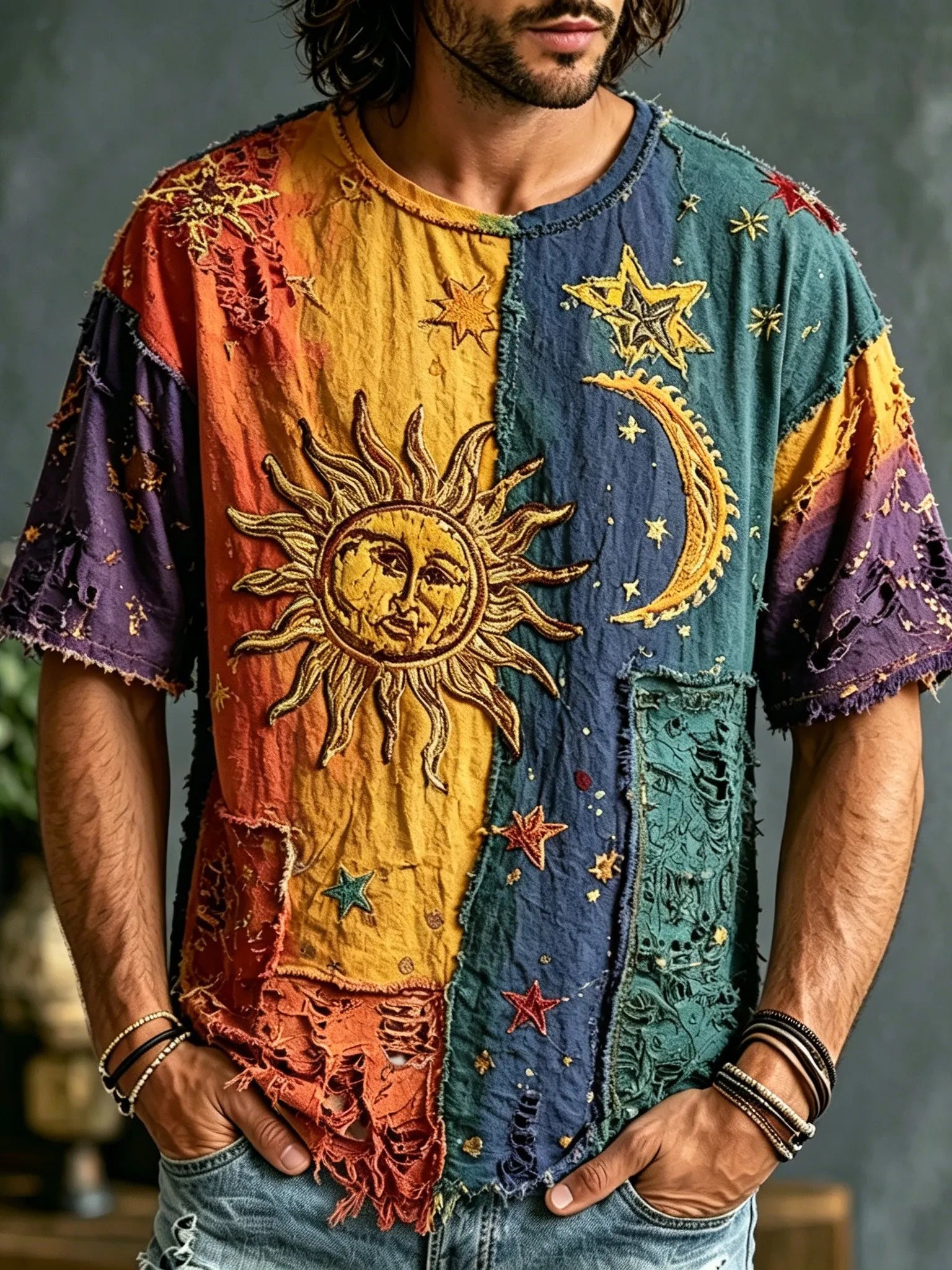 Men's Retro Bohemian Hippie Style Star And Moon Embroidered Print T-shirt