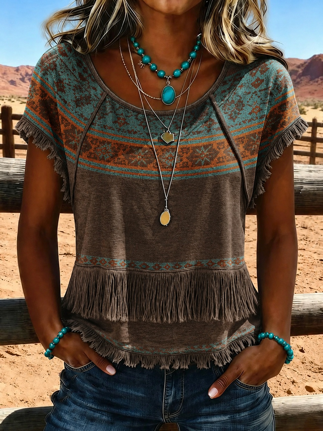 Women's Retro Tassel Ethnic Print Casual Top
