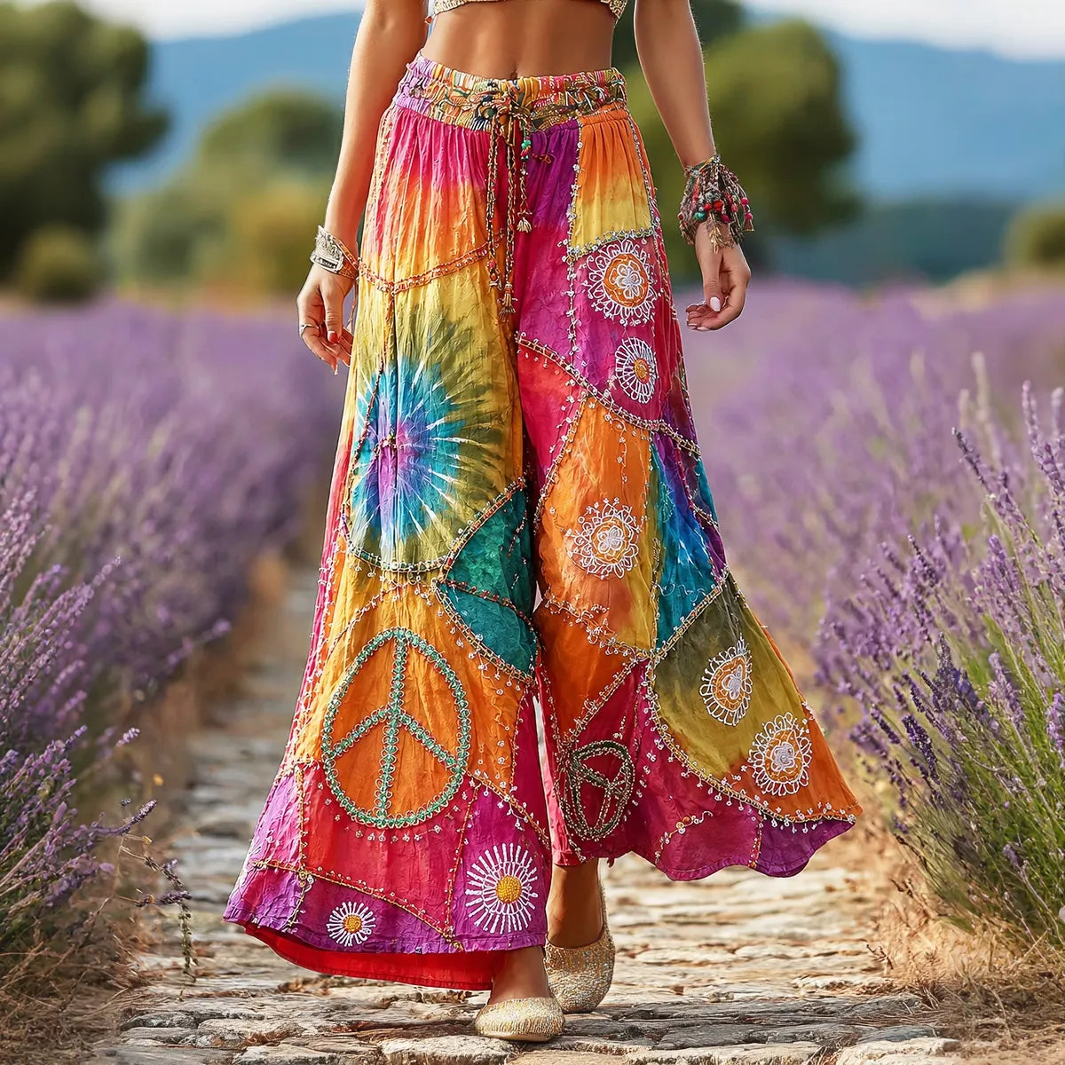 Women's Hippie Peace Sign Flowers Tie Dye Patchwork Print Linen Blend Pants
