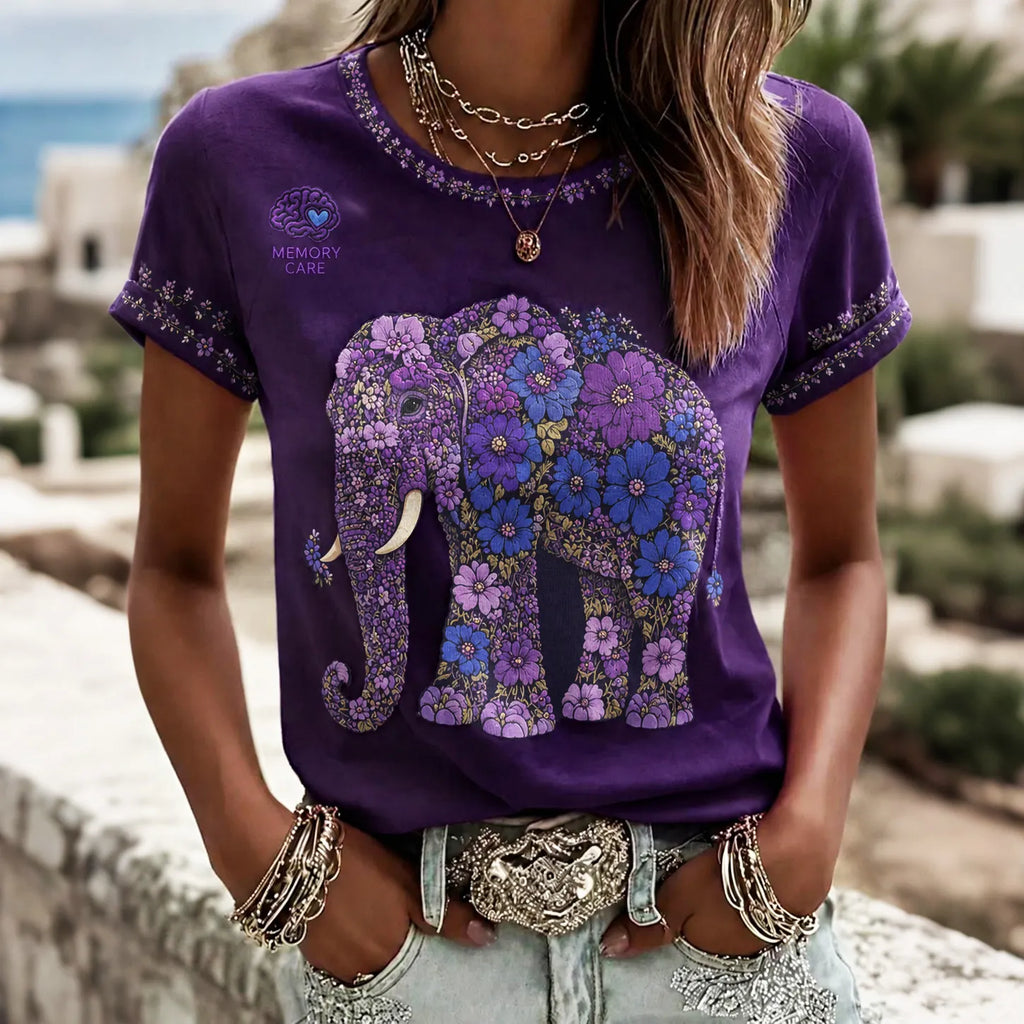 Women's Memory Care Flowers Elephant Art Print Short Sleeve T-shirt